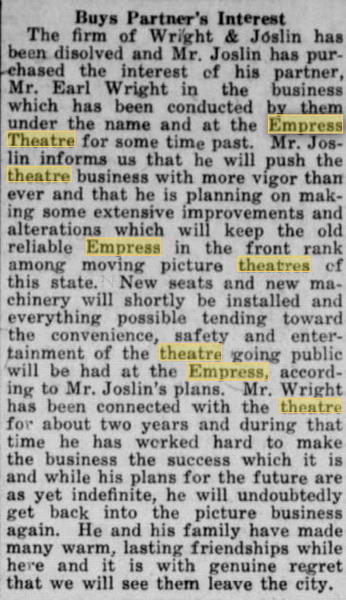 Empress Theatre - 01 Oct 1919 Changes Hands Again